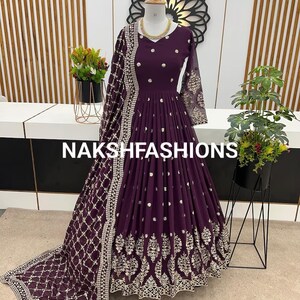 Party Wear Purple Georgette Gown With Embroidery Sequence Work And Dupatta For Women, Long Flared Dress, Designer Dress, Bridesmaid Outfit Purple