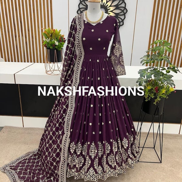 Party Wear Purple Georgette Gown With Embroidery Sequence Work And Dupatta For Women, Long Flared Dress, Designer Dress, Bridesmaid Outfit