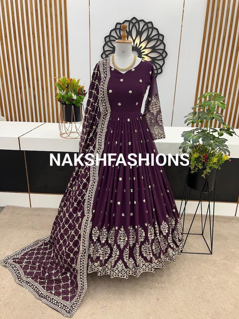 Party Wear Purple Georgette Gown With Embroidery Sequence Work And Dupatta For Women, Long Flared Dress, Designer Dress, Bridesmaid Outfit Purple
