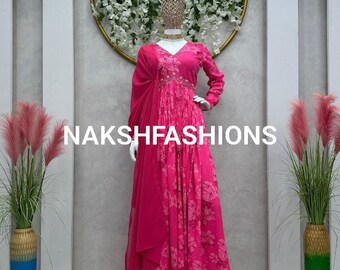 Ready Made Printed Pink Gown With Hand Work And Dupatta For Women, Party Wear Gown, Flared Anarkali Kurta, 3 Piece Set, Eid Special Gown