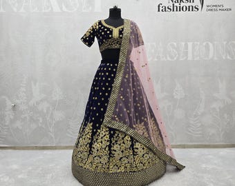 Lehenga Choli de terciopelo azul marino: Zari y bordado con hilo, dupatta de red suave