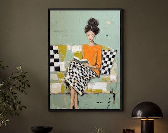 Elegant Lady Reading Book Canvas Print, Vintage Style Wall Art, Minimalist Neutral Home Decor, Contemporary Feminine Portrait Artwork