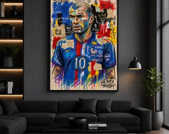Zidane Wall Art Canvas, France Jersey Football Poster, Modern Soccer Artwork, Man Cave Decor, Sports Legend Gift for Fans