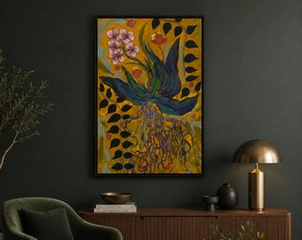 Abstract Botanical Canvas Print, Vibrant Wildflower Wall Art, Yellow Purple Floral Decor, Statement Artwork