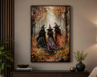 Witchy Autumn Canvas Art, Three Witches in Forest (Halloween Decor)