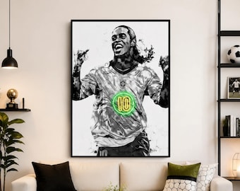 Póster de fútbol de Ronaldinho: Arte mural de fútbol brasileño en lienzo.