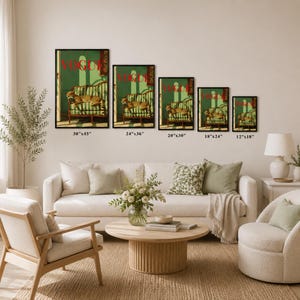 The image is a living room with a white sofa, a wooden coffee table, and a potted plant. There are five framed artworks of the same size and style displayed on the wall above the sofa, each depicting a different scene.