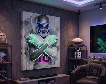 Justin Jefferson Vikings Canvas Print, Neon Football Wall Decor, NFL Sports Poster, Bedroom Game Room Art