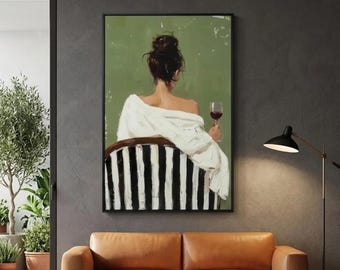Woman With Wine Canvas Wall Art, Hand Painted Oil Painting, Textured Figurative Artwork, Modern Boho Home Decor, Feminine Wall Print