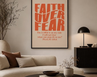 Retro Faith Over Fear Wall Art, Christian Bible Verse Poster, Inspirational Psalm Print, Religious Room Decor