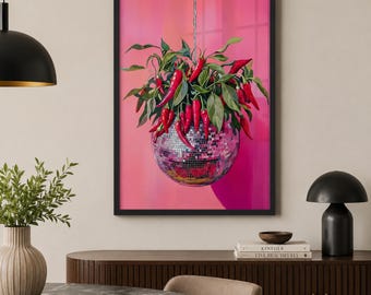 Chili Pepper Disco Ball Print, Maximalist Kitchen Wall Art, Colorful Retro Home Decor, Trendy Poster