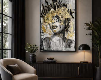 Modern Black and Gold Wall Art, Urban Graffiti Portrait Print, Contemporary Luxury Canvas Decor for Living Room