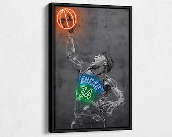 Giannis Basketball Wall Decor, Milwaukee Bucks Neon Canvas Print, Sports Poster for Bedroom Game Room