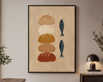 Jesus Feeds The 5000 Wall Art Print, Five Loaves And Two Fish Christian Canvas, Modern Gospel Artwork, Catholic Religious Home Decor