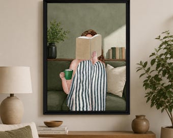 Minimalist Woman Reading Canvas, Watercolor Book Lover Wall Art, Contemporary Feminine Painting, Gift for Her, Modern Home Decor