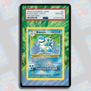 May include: A 1999 Pokemon Game Blastoise Holo 1st Edition trading card graded GEM MT 10 by PSA. The card is encased in a clear protective slab with a white label at the top displaying the card details and the serial number 41797753.