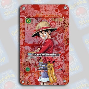 May include: A red and white One Piece trading card featuring Monkey D. Luffy. The card has Japanese text and the phrase "Card not included." The background is a collage of manga panels.