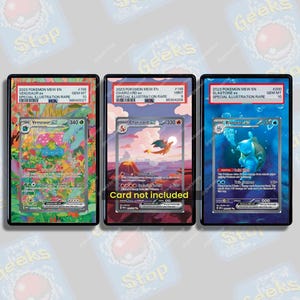 May include: Three rectangular black display cases for trading cards, each featuring a PSA label at the top. The left case shows a Venusaur ex card, the centre case shows a Charizard ex card with text stating Card not included, and the right case shows a Blastoise ex card. Each case has a colourful, themed background matching the card art.