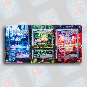 May include: A clear acrylic display case with three slots for trading cards. The case has a black background with a colourful design. The cards are not included. The text "Cards not included" is printed on the case.