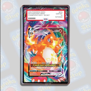 May include: A PSA graded 2020 Pokemon SWSH Charizard VMAX Champion's Path trading card in a protective plastic slab. The card features a vibrant orange dragon character with flames, set against a swirling purple and blue background with text.