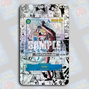 Può includere: Una carta collezionabile con Sanji della ciurma di Cappello di Paglia, con uno sfondo in stile manga. La carta ha uno schema di colori blu e bianco, con la parola "SAMPLE" stampata sul fronte. La potenza della carta è 9000.