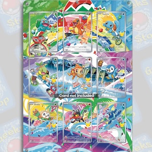 Puede incluir: Un expositor con nueve cartas coleccionables de Pokémon. Las cartas muestran varias ilustraciones coloridas de personajes Pokémon. El fondo es una vibrante mezcla de azul, rosa y verde, con el texto "Card not included".