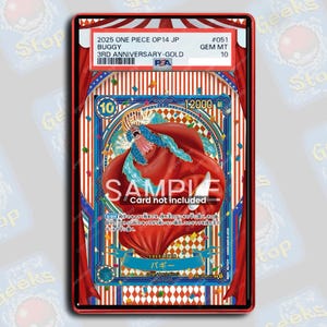 May include: A PSA graded 2025 One Piece OP14 JP Buggy 3rd Anniversary-Gold trading card in a red plastic slab. The card features a character with blue hair and a red cape against a circus-themed background with red and white stripes and confetti.