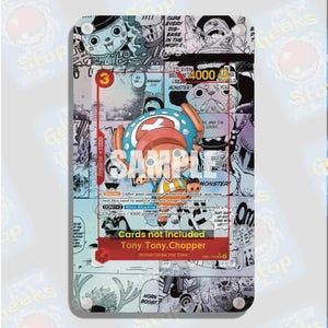 May include: A rectangular acrylic card display case featuring a black and white manga panel collage background. The case displays a Tony Tony Chopper One Piece trading card with a red border, 4000 power, and the text Cards not included.