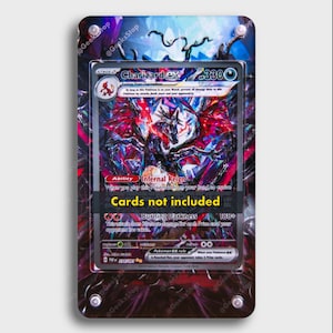 May include: A holographic Pokemon trading card featuring Charizard EX with a red, black, and blue background. The card has a black border and the text "Charizard EX" in white. The card also has the text "Infernal Reign" and "Burning Darkness" in white.