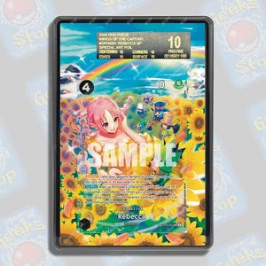 Może przedstawiać: Oceniona karta kolekcjonerska One Piece Wings of the Captain Rebecca SP special art foil w ochronnym etui. Karta przedstawia postać z różowymi włosami na polu słoneczników z tęczą, tekstem oraz nadrukowanymi statystykami gry.