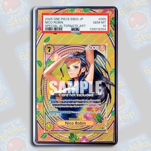 May include: A PSA graded 2025 One Piece EB03 JP Nico Robin special alternate art trading card, #055, Gem Mt 10. The card features an illustration of Nico Robin with dark hair and sunglasses, set against a yellow background with floral accents.