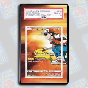 May include: A framed Pok&eacute;mon trading card featuring Red and Pikachu. The card is graded GEM MT 10 by PSA. The text on the card includes Japanese characters and the phrase "Card not included."