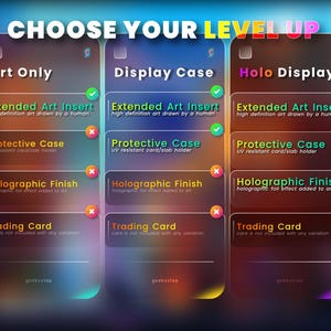 The image is a colorful interface with three different levels of art and trading card options, each with a unique set of features and benefits.