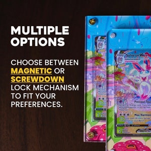 May include: Two clear card holders with a blue and pink floral design, each holding a Pok&eacute;mon card. The text on the left reads "MULTIPLE OPTIONS" and "CHOOSE BETWEEN MAGNETIC OR SCREWDOWN LOCK MECHANISM TO FIT YOUR PREFERENCES."