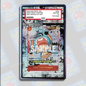 May include: A PSA graded 2024 One Piece JPN Tony Tony Chopper EB01-Manga Alt Art trading card in a protective plastic slab. The card features a manga-style illustration of the character Tony Tony Chopper with text and game statistics printed.