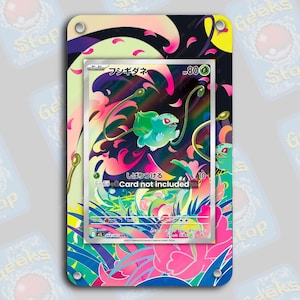 May include: A rectangular acrylic display frame featuring a vibrant, colourful illustration of a Bulbasaur character surrounded by pink petals and green vines. The frame has four silver metal corner bolts and displays the text Card not included.
