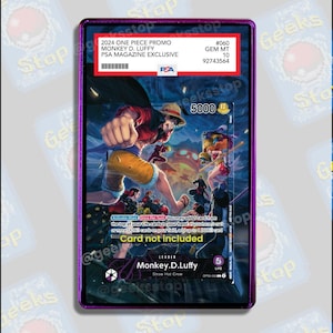 May include: A 2024 One Piece Monkey D. Luffy promo trading card, graded PSA Gem Mt 10, encased in a purple protective slab. The card features a dynamic illustration of Luffy in a battle scene with text and game statistics clearly visible.