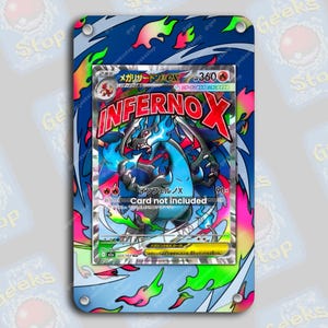 May include: A blue and white card holder featuring a Pokemon card with the text "INFERNO X". The card has a blue dragon illustration with red and blue flames. The holder has a blue background with flame designs.