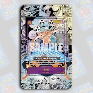 Può includere: Una carta collezionabile con Enel di Sky Island, con uno sfondo in stile manga. La carta ha un design viola e bianco, con testo che include "SAMPLE" e istruzioni di gioco. Il personaggio è raffigurato con un bastone.