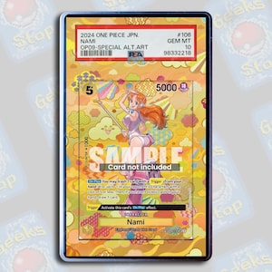 May include: A graded 2024 One Piece JPN Nami OP09 Special Alt Art trading card in a PSA slab. The card features an orange-haired character holding a staff against a yellow background with clouds and patterns, marked with 5000 power and text.