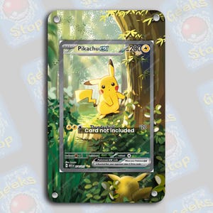 May include: A Pikachu EX Pokémon card displayed in a protective case. The card features a yellow Pikachu character in a forest setting. The text "Card not included" is visible. The case has a green and white design.