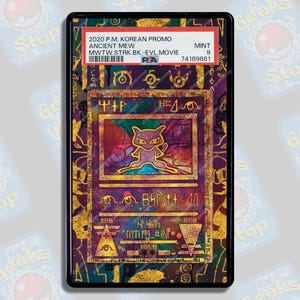May include: A PSA graded 2020 Korean promo Ancient Mew trading card in a protective plastic slab. The card features a purple Mew character illustration surrounded by gold-colored hieroglyphic-style symbols on a dark, multi-colored background.