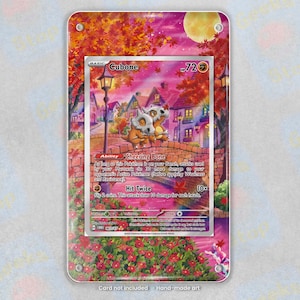 May include: A rectangular metal wall sign featuring a Cubone trading card illustration. The artwork depicts two Cubone characters on a stone bridge in a town with autumn foliage, a full moon, and street lamps. The sign has four corner holes.
