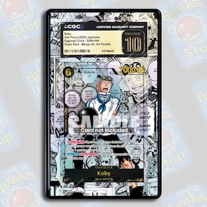May include: A CGC graded Koby One Piece trading card in a protective slab. The card features manga-style black and white panels with a colored character illustration, text including RAAHHH, and a Pristine 10 grade label. A sample overlay is present.