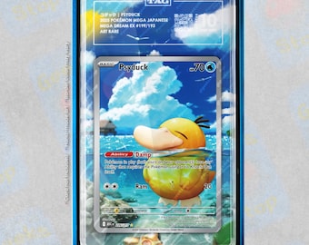 Illustrazione di Psyduck rara con etichetta PSA Beckett / Custodia per carte Pokemon con illustrazione estesa
