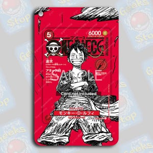 May include: Red card with a black and white illustration of a One Piece manga character. The card has Japanese text, the One Piece logo, and the text "Card not included."