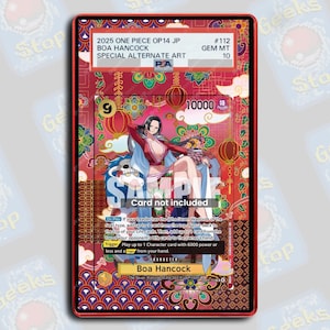 Può includere: Carta collezionabile di Boa Hancock da One Piece, con bordo rosso e illustrazione dettagliata. Il testo include "2025 ONE PIECE OP14 JP" e "SPECIAL ALTERNATE ART". La carta è contrassegnata come "SAMPLE" e contiene testo di gioco.