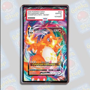May include: A graded Pokemon trading card featuring Charizard VMAX from the Champion's Path set. The card is in a protective case with a Gem Mint 10 rating. The card features a fiery orange Charizard with a white egg in its mouth. The card's text reads "Charizard VMAX, 330 HP, Claw Slash 100, G-Max Wildfire 300".