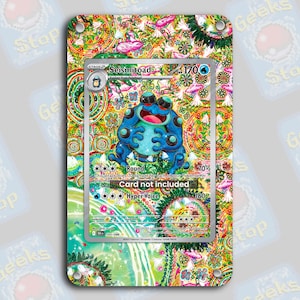 May include: A decorative card holder featuring a colorful, patterned design with a Pokemon card. The card holder has a rectangular shape with rounded corners and a hole at the top. The Pokemon card features a blue Seismitoad character.