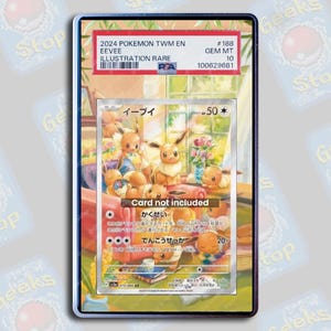 May include: A graded Pokémon card featuring Eevee illustrations. The card is encased in a protective holder with the text "2024 POKEMON TWM EN EEVEE ILLUSTRATION RARE." The card is graded GEM MT 10. The card's illustration shows multiple Eevee characters.